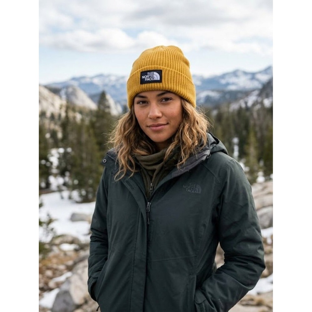 The North Face Mustard Yellow Knit Cuffed Beanie Logo Patch Hat One Size